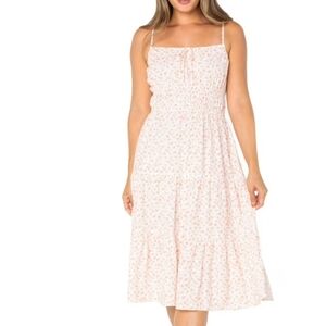 Cream Pink Floral Midi Dress Cottagecore Flowy Summer Dress L NWT